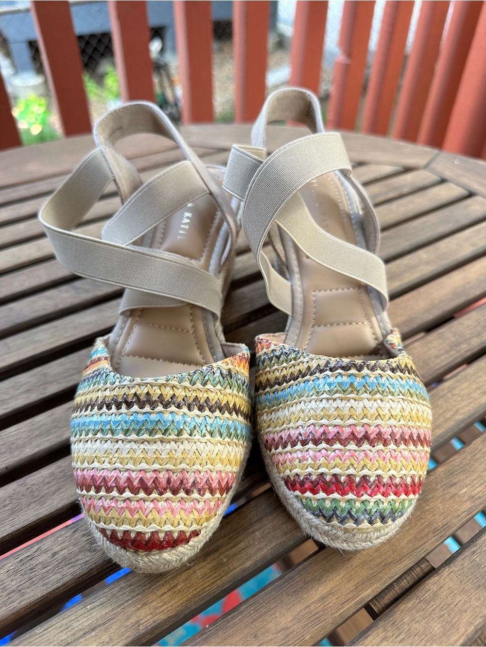 Kelly & Katie Rainbow Multicolor Woven Espadrille Wedge Elastic Ankle Straps 6.5